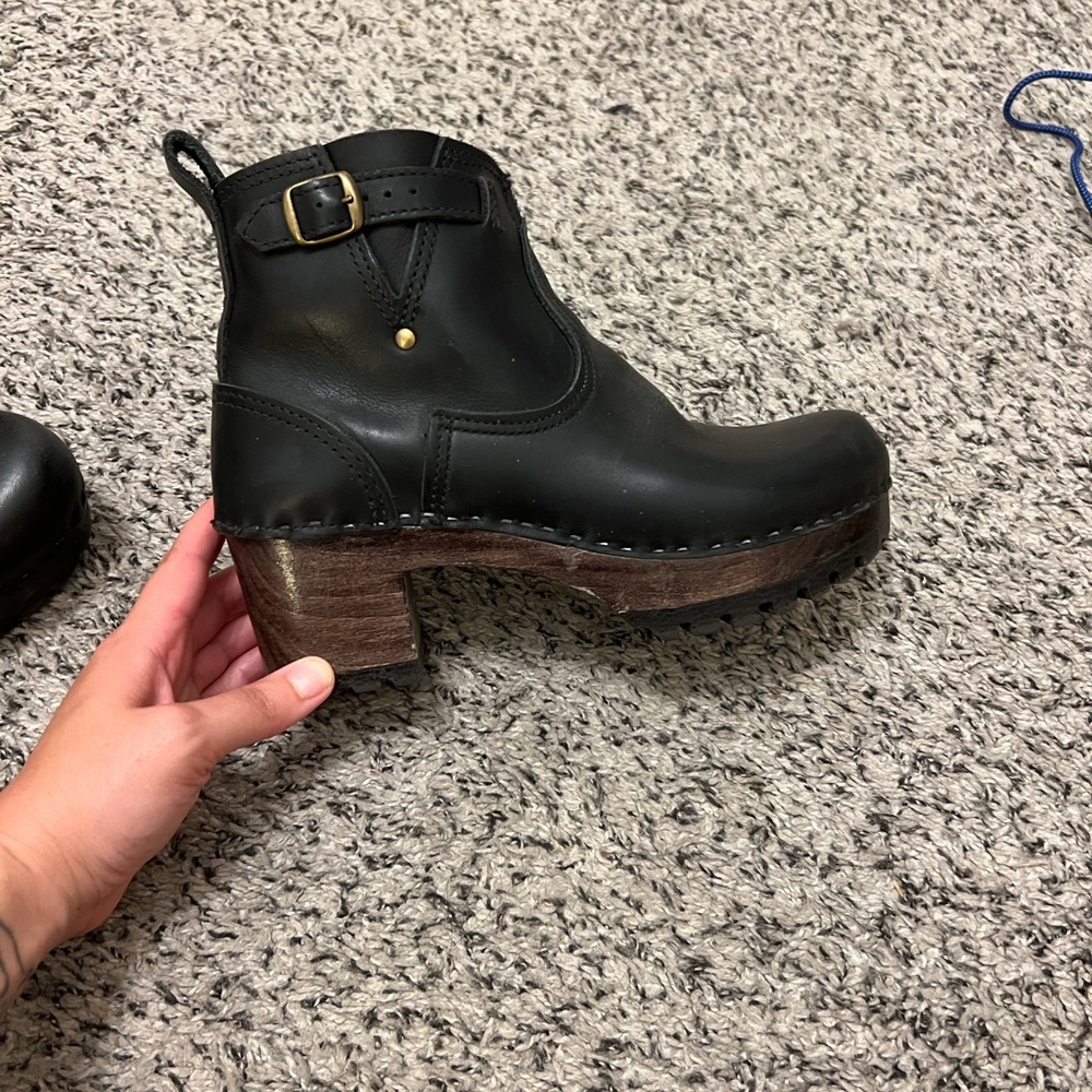 Women's Black Leather Clog Boot with Wood Effect Heel